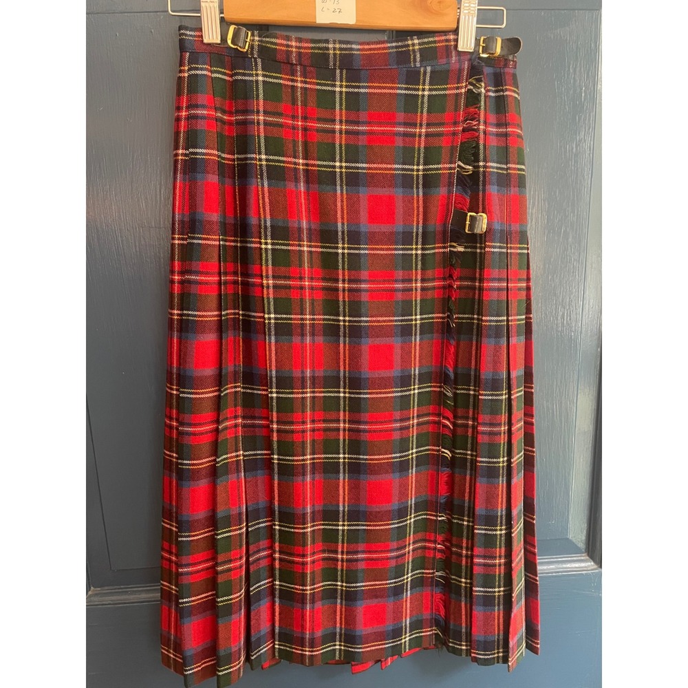 JG Hook Vintage Kilt Wrap Skirt Wool Plaid Red Tartan Pleated Midi